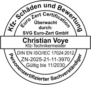 Euro-Zert-Siegel: Christian Voye, personenzertifizierter Sachverständiger für Kfz-Schäden und Bewertung nach DIN EN ISO/IEC 17024